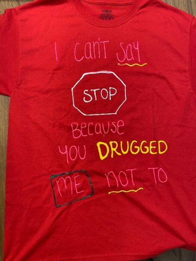 "I can't say stop because you drugged me not to." Red represents survivors of rape and sexual assault.