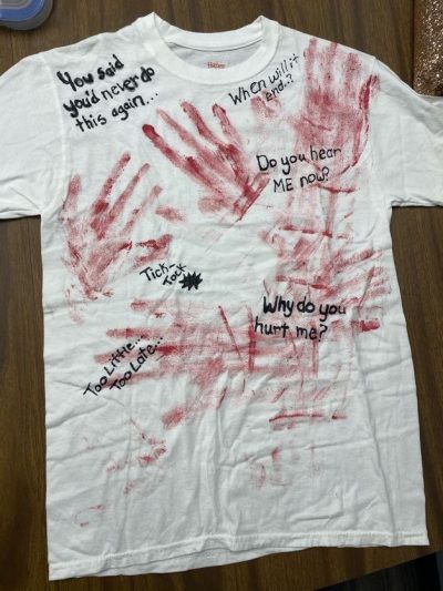 "You said you'd never do this again..." "When will it end..?" "Do you hear me now?" "Why do you hurt me?" "Too little...too late..." "Tick-tock". White represents people who have died due to violence.