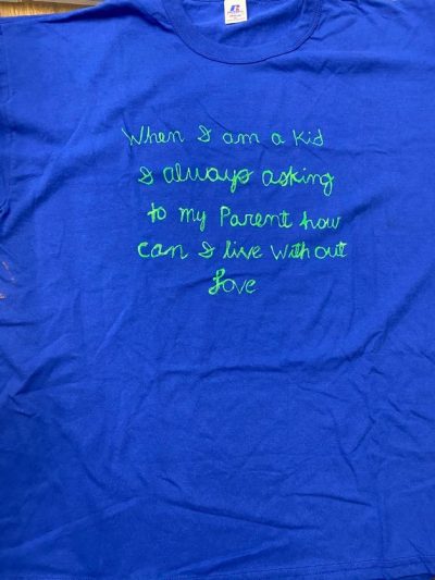 "When I am a kid and I always ask to my parent how I can live without love." Blue represents survivors of incest or child sexual violence.