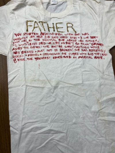 "Father, you started beating my mom when she was pregnant for her 2nd baby. When baby #3 was born, Mom was in the hospital and she asked her father, 'I want to leave Jed. He hits me. He's so mean.' Grandpa asked the pastor, the pastor said, 'marriage vows are sacred and must not be broken.' She was repeatedly beaten and mocked and strangled. She stayed with Dad. They had 8 kids, the youngest conceived in marital rape." White represents people who have died due to violence.