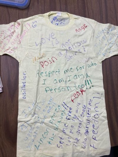 "When death claims you, I pray you return as a woman!!" "When tulips bloom yellow, I will remember my pain." "Love is not a yellow shirt." "Respect me for who I am, I am a person too!" "I am still so upset that you feel you still own me!!" "Lincoln freed the slaves!! Set me free. Let me fly with the great eagle who guarantees me freedom!!" "Fear, hate, pain, rage, disillusion, anger."