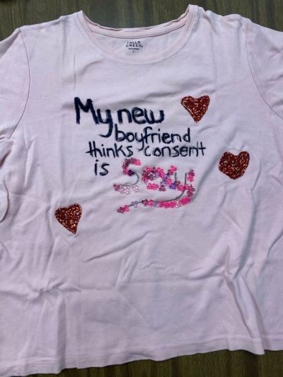 "My new boyfriend thinks consent is sexy." Pink represents survivors of rape and sexual assault.