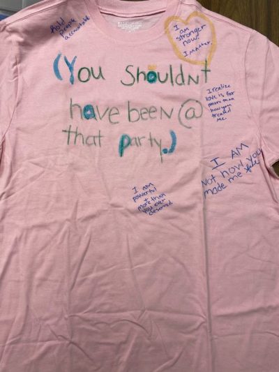 "You shouldn't have been at that party." "Hold people accountable." "I am stronger now. I matter." "I realize love is more than how you treated me." "I am powerful and more than you deserved." "I am not how you made me live." Pink represents survivors of rape and sexual assault.