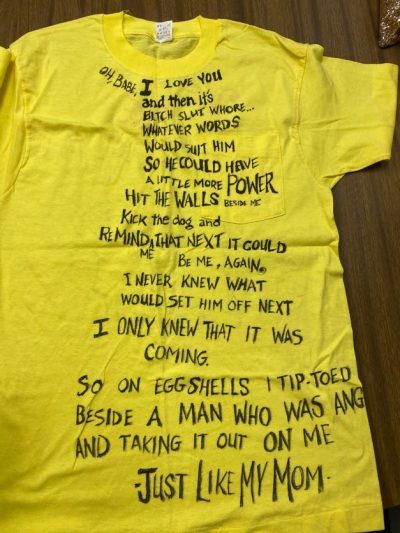 "Oh, Babe I love you, and then it's bitch, slut, whore...whatever words would suit him so he could have a little more power. He hit the walls beside me, kick the dog, and remind me that next it could be me, again. I never knew what would set him off next, I only knew it was coming. So eggshells I tip-toed beside a man who was angry and taking it out on me- just like my mom." Yellow represents battered or assaulted survivors.