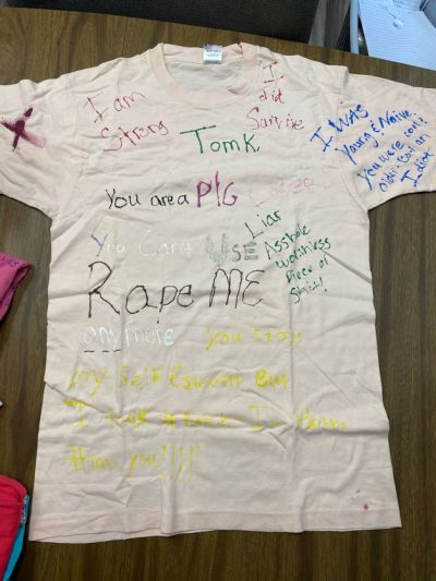 "Tom K., you are a pig. You can't use or rape me anymore. You stole my self-esteem but I took it back. I'm better. Thank you!!!" "Loser, liar, asshole, worthless, piece of shit!" "I am strong." "I did survive." "I was young and naive, you were cool and older but an idiot."