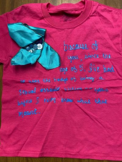 “Because of you, since the age of 5, I’ve had to wear the badge of being a sexual assault victim -- years before I even knew what that meant.” Pink represents people who have been raped or sexually assaulted.